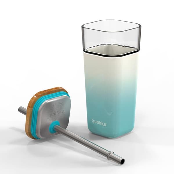 Quokka Liquid Cube - 540 ml glaskop med sugerør af rustfrit stål (Teal Gradient)