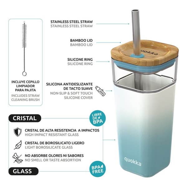 Quokka Liquid Cube - 540 ml glaskop med sugerør af rustfrit stål (Teal Gradient)