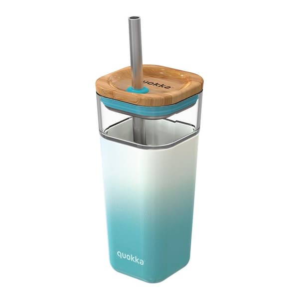 Quokka Liquid Cube - 540 ml glaskop med sugerør af rustfrit stål (Teal Gradient)