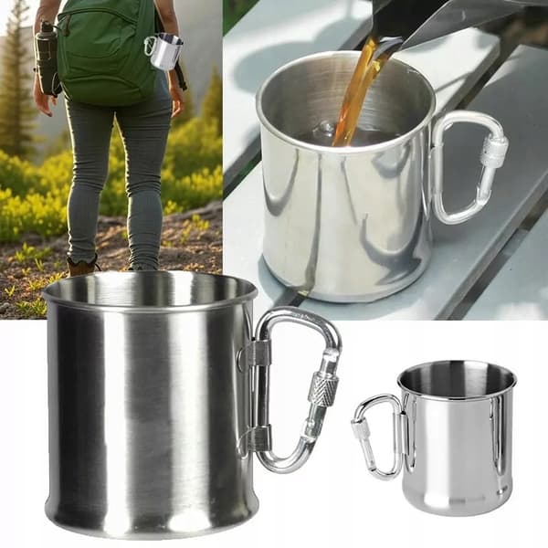 Rejsekrus i rustfrit stål med karabinhage 250 ml blank krom