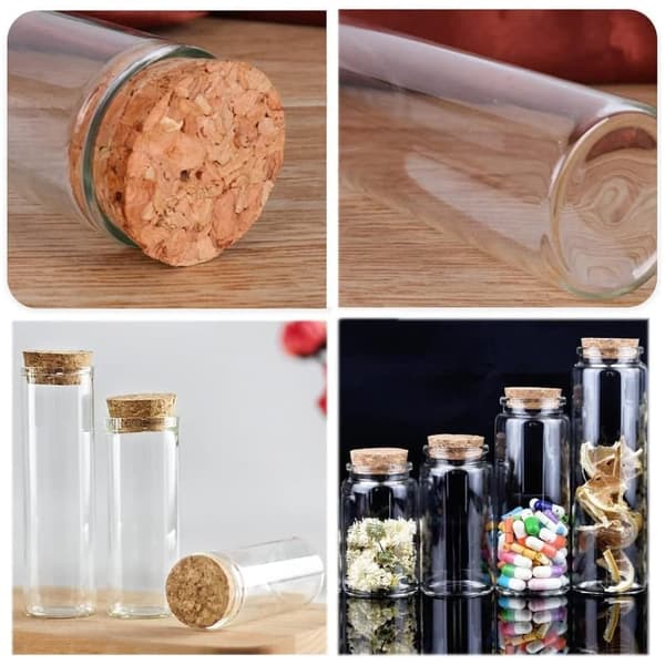 20 kpl 25 ml:n lasipulloja, -ampulleja, lasisia koeputkia korkilla, vuotamattomia, kosmeettisille eteerisille öljyille
