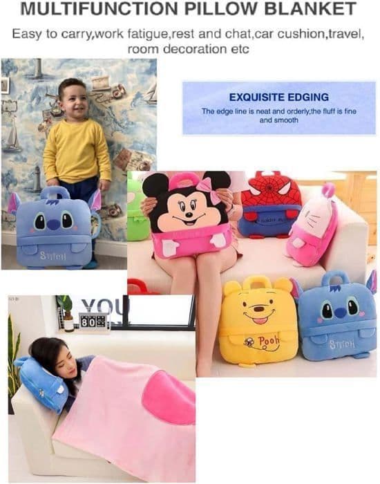 Reseverad Kudde Filt 3 i 1 för Barn och Ungdomar 0 till 15 år, Filt Kudde Stitch, 100x150cm, Blå