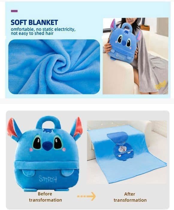 Reseverad Kudde Filt 3 i 1 för Barn och Ungdomar 0 till 15 år, Filt Kudde Stitch, 100x150cm, Blå