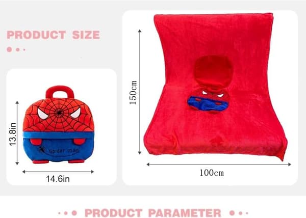 Åkpåse Kuddfilt 3 i 1 för barn och barn 0-15 år, Spider-Man plysch kuddfilt, 100x150 cm