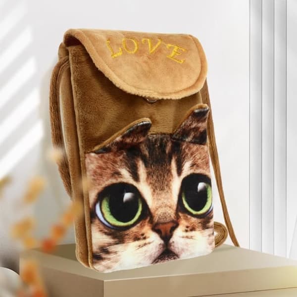 AVIZAR Axelväska - Brown Cat Design - Universal för Smartphone - Dubbelt fack