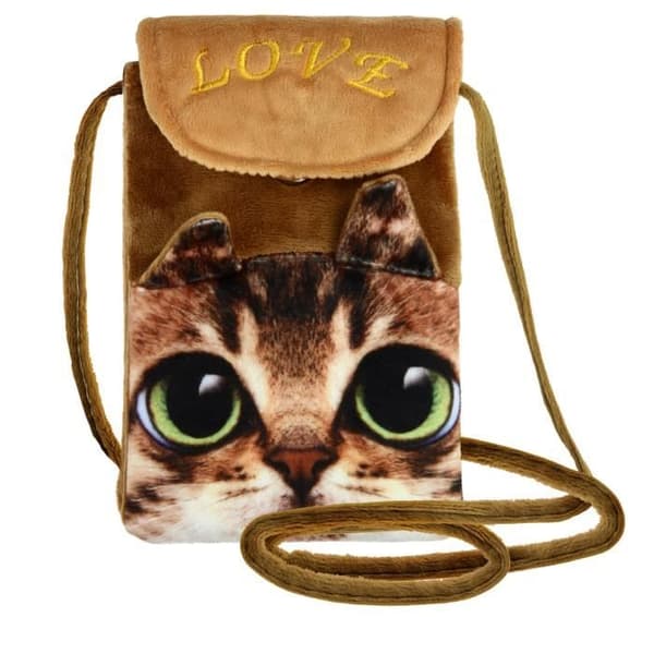 AVIZAR Axelväska - Brown Cat Design - Universal för Smartphone - Dubbelt fack