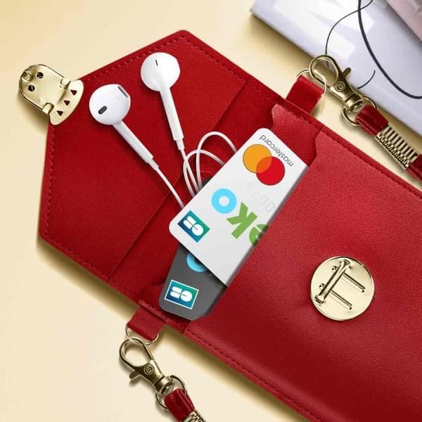 Smartphone-fickor - Universell - Röd - Syntetiskt läder - Taktile fönster - Justerbar rem