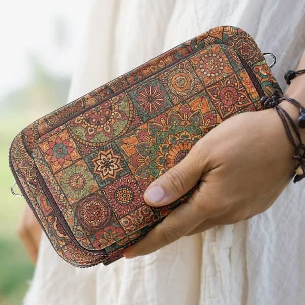 Korkpåse Axelrem Triple Zip Pocket Mandala mönster Flerfärgad