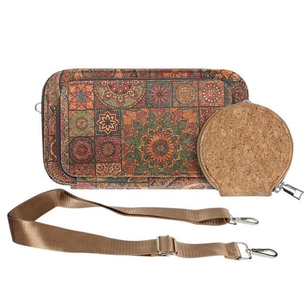 Korkpåse Axelrem Triple Zip Pocket Mandala mönster Flerfärgad