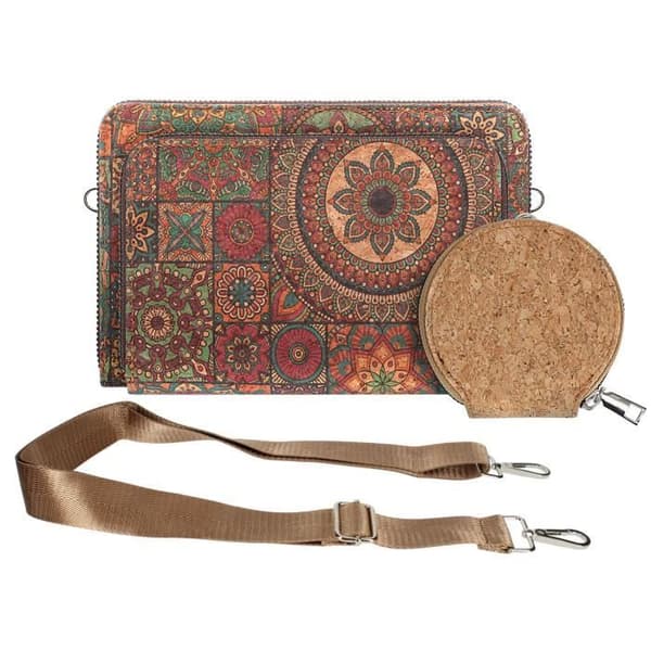 Korkpåse Axelrem Trippelficka Zip Square Edge Mandala Mönster Flerfärgad