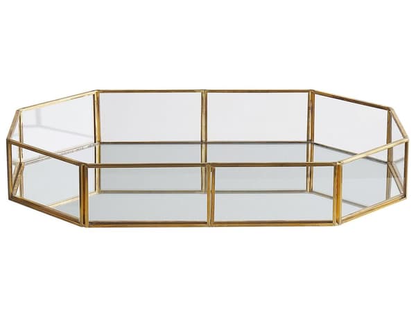 Serveringsbakke Guld Messing og Glas 32 x 22 cm Dekorativ Lille Bakke med Spejl Ottekantet form Accentstykke til Bloklys Stue Soveværelse