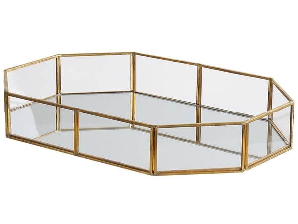 Serveringsbakke Guld Messing og Glas 32 x 22 cm Dekorativ Lille Bakke med Spejl Ottekantet form Accentstykke til Bloklys Stue Soveværelse