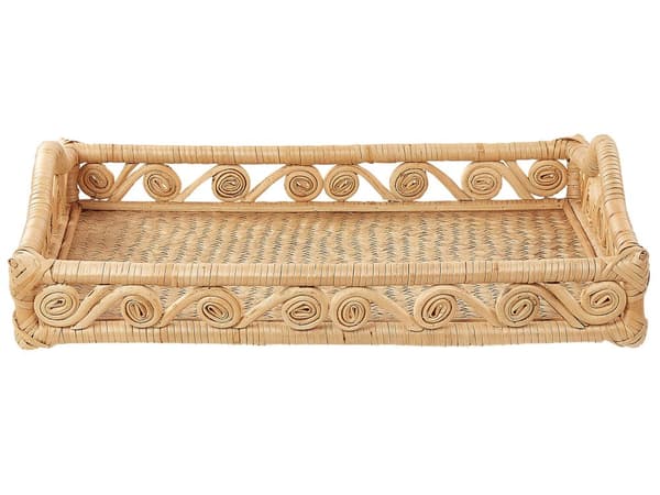 Koristetarjotin luonnonväri 51 x 39 cm rottinki käsintehty suorakulmainen kahvoilla boho