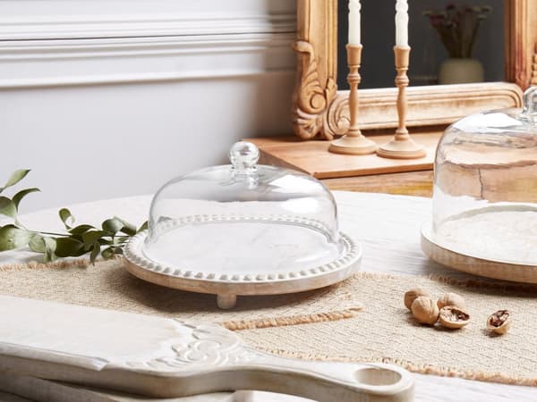 Glasklokke Lyst Træ ø 29 cm Kagefad med Fod Design Kageopsats med Låg Tilbehør Dessert Kageholder med Træbund