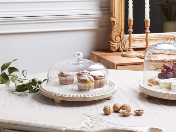 Glasklokke Lyst Træ ø 29 cm Kagefad med Fod Design Kageopsats med Låg Tilbehør Dessert Kageholder med Træbund