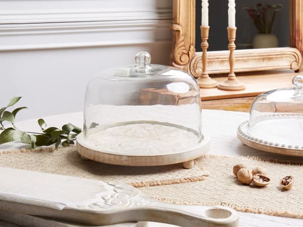 Glasklokke Lyst Træ ø 29 cm Kagefad med Fod Design Kageopsats med Låg Tilbehør Dessert Kageholder med Træbund