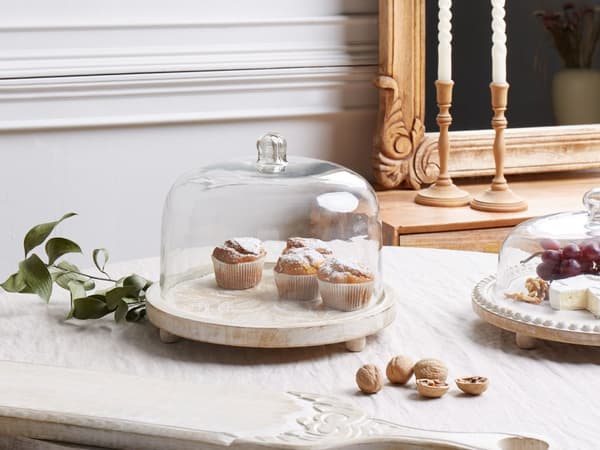 Glasklokke Lyst Træ ø 29 cm Kagefad med Fod Design Kageopsats med Låg Tilbehør Dessert Kageholder med Træbund