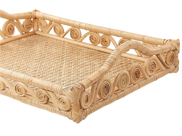 Bakke Rattan Træ Rektangulær Serveringsbakke med Håndtag Pyntebakke i Flet med Høj Kant Fletbakke til Servering Dekorationsbakke til Bord