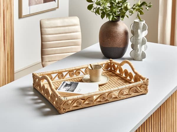 Bakke Rattan Træ Rektangulær Serveringsbakke med Håndtag Pyntebakke i Flet med Høj Kant Fletbakke til Servering Dekorationsbakke til Bord