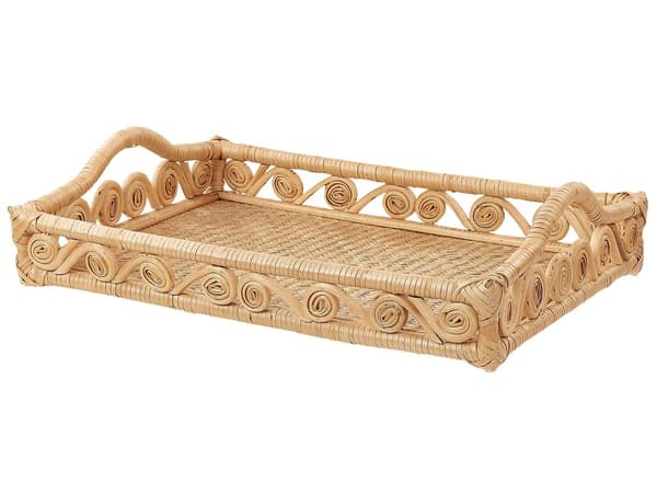 Bakke Rattan Træ Rektangulær Serveringsbakke med Håndtag Pyntebakke i Flet med Høj Kant Fletbakke til Servering Dekorationsbakke til Bord