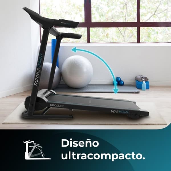 Cecotec Folding treadmill with a maximum power of 1100 W. From 1 to 12 Km/h. 12 default programmes. LED control panel. 110 x 40 cm running surface. F