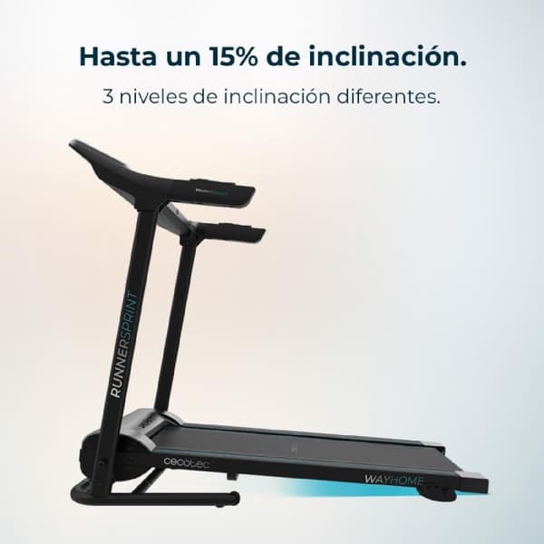 Cecotec Folding treadmill with a maximum power of 1100 W. From 1 to 12 Km/h. 12 default programmes. LED control panel. 110 x 40 cm running surface. F