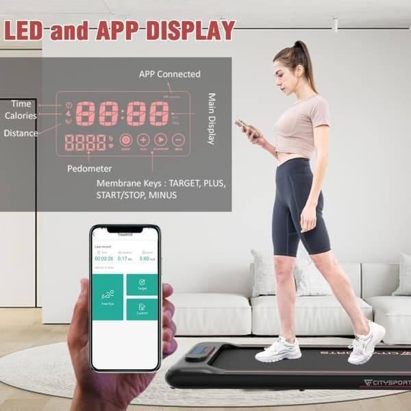 CITYSPORTS WP8 elektriskt löpband, löpband/440W/hastighet 1,0- 6,0 km/h/APP/LED-skärm/mått 1249*526*116 mm/Nr