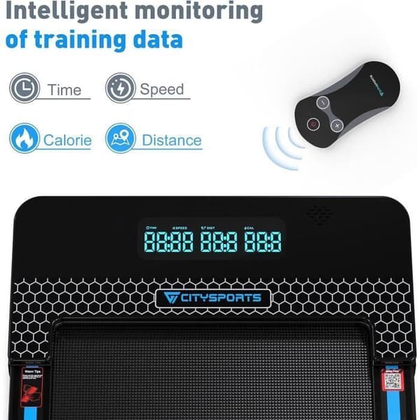 Fällbar och lutbar löpband med 7,7%, 1400W, CITYSPORTS WP3, 1-12 km/h. Svart med blått. APP. Bluetooth