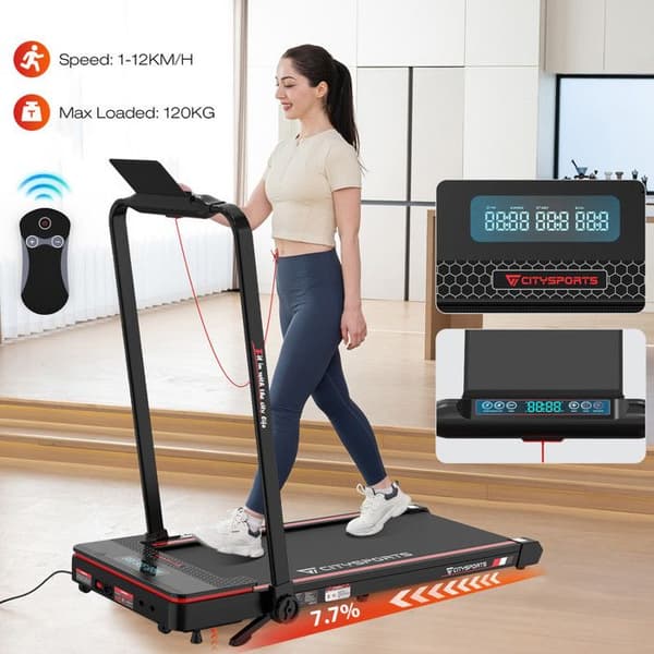 Fällbar och lutande löparmatta 7.7% CITYSPORTS WP3 - Fällbar - Hastighet 1.0-12.0 km/h - Bluetooth - Svart med Röd