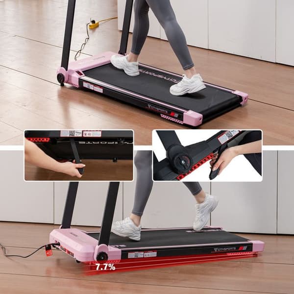 Fällbar och lutande löpband 7,7%, Rosa, APP, 1-12 km/h. 1400w. Med rullhjul för enkel flyttning.