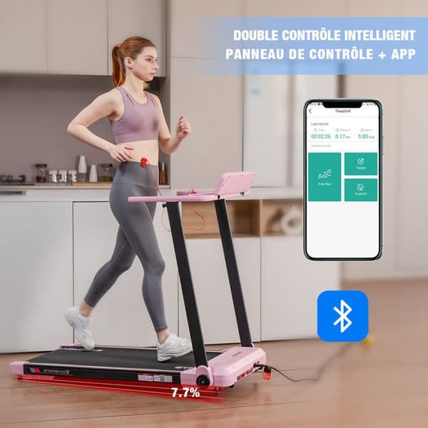 Fällbar och vinklingsbar löpband upp till 7.7%. Rosa-1400W-Hastighet 1-12km/h-APP-Bluetooth-LED