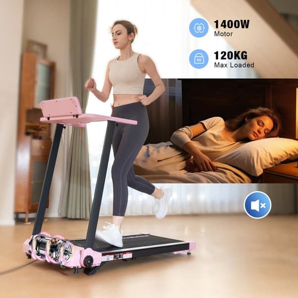Fällbar och vinklingsbar löpband upp till 7.7%. Rosa-1400W-Hastighet 1-12km/h-APP-Bluetooth-LED