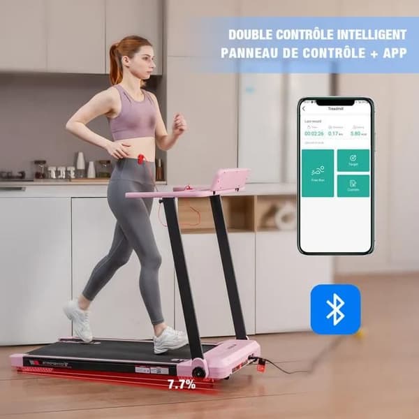 Fällbar och lutande löparband upp till 7.7%. WP9-1400W-12KM/H, APP, Bluetooth. Svart med Rosa