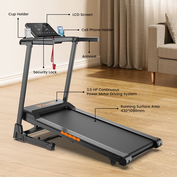 Formill FT61 Löpband 3,0 hk Hopfällbart löpband 15° lutning, 13,5 km/h, 17×43 tums rem, 300 lbs belastning