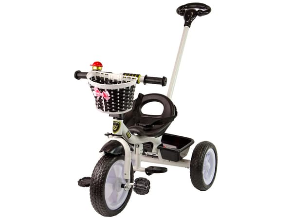 Trehjulet cykel med skubbestang - 95x48x90cm - med cykelkurv - sort