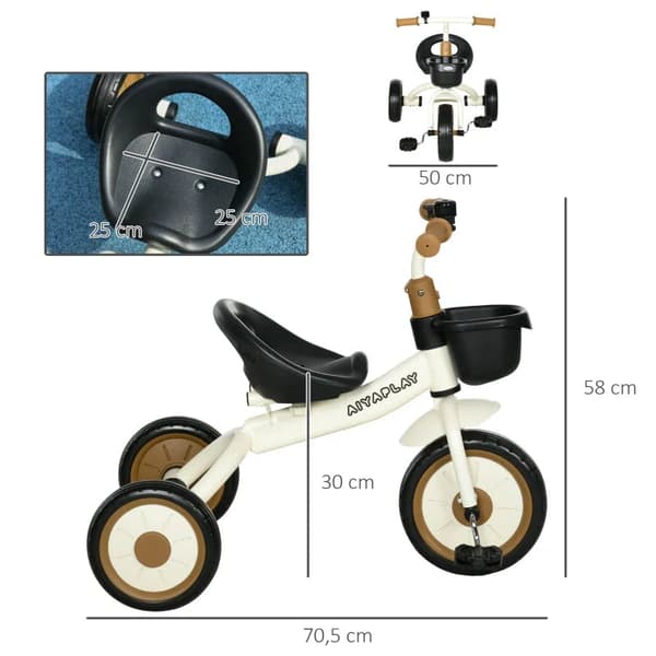 Rootz Trehjuling för barn - 2-5 år - Höjdjusterbar sits - Bell - Cykelkorg - Metallram - Vit - 70,5 cm x 50 cm x 58 cm