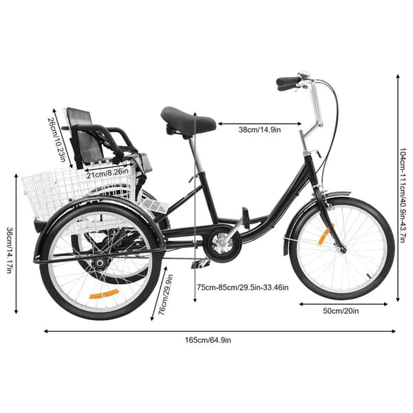 20 Tommer Voksen Tricycle, Letvægts Højkulstofstålramme, Komfortabel Polstring,sort