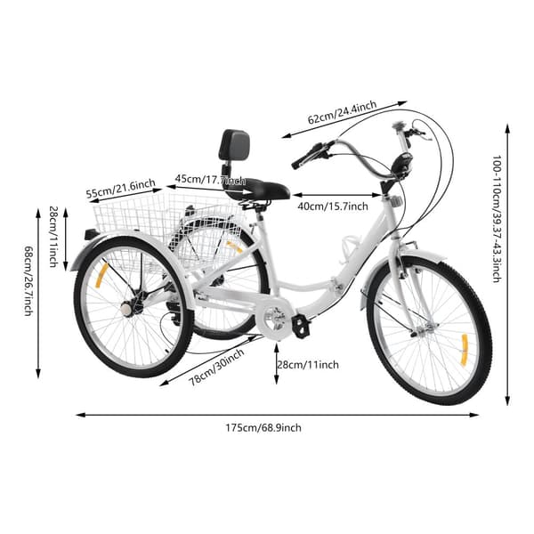 24-tommer voksen tricycle, justerbar sædehøjde, 7-gears,HVID