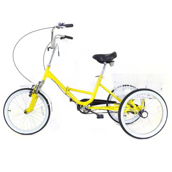 20-tommer sammenklappelig voksen tricycle, justerbar højde, stor kapacitet kurv,Gul