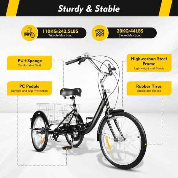 Trehjulig cykel, 8-växlad växellåda, stor korg,svart