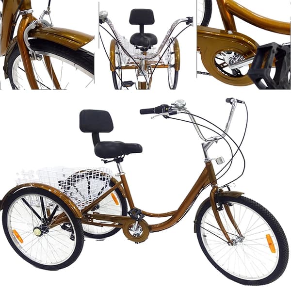 24" Voksen Tricycle, Komfortabelt Sæde, Stor Indkøbskurv,Guld