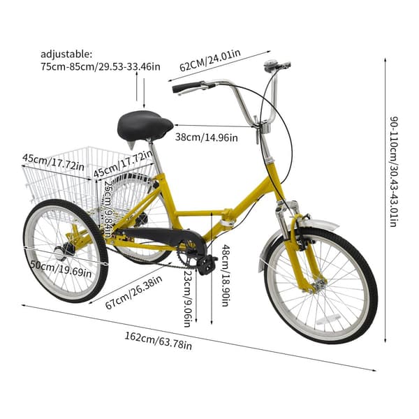 Vuxen Bergtrehjulig Cykel, Justerbar Höjd, Fällbar Design