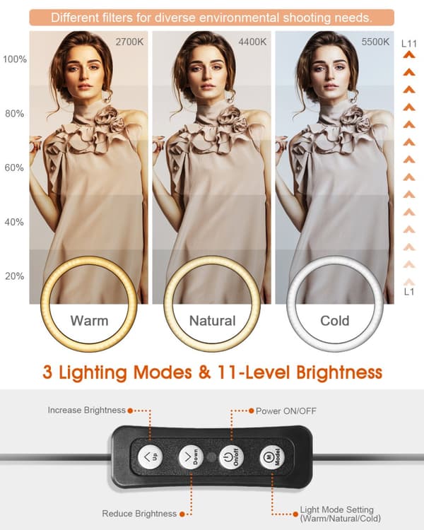 Ringljus för telefon, 10,2" LED-ringljus Tripod Photo Video LED Lighting Kit, justerbar färgtemperatur 2700K-5500K, ljusstativ, 11 nivåer av Br