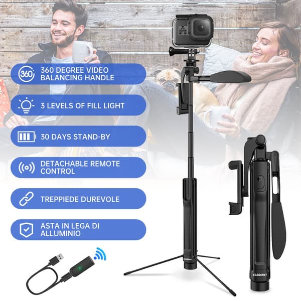 Selfie Stick Tripod, 4-IN-1 Selfie Bar 360° käännettävissä videotasapainokahvalla + Bleutooth Remote + LED-valo kameroille /=6.8" iPhone 12