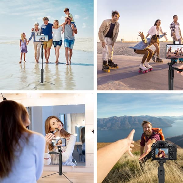 Selfie Stick Tripod, 4-IN-1 Selfie Bar 360° käännettävissä videotasapainokahvalla + Bleutooth Remote + LED-valo kameroille /=6.8" iPhone 12