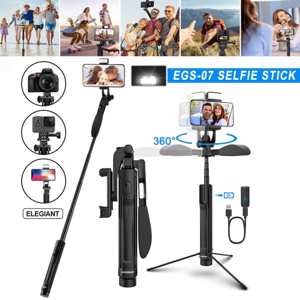 Selfie Stick Tripod, 4-IN-1 Selfie Bar 360° käännettävissä videotasapainokahvalla + Bleutooth Remote + LED-valo kameroille /=6.8" iPhone 12