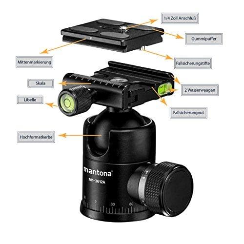 Mantona Onyx 12 kulhuvud (M1-3612A) Arca-Swiss-kompatibel snabbkopplingsplatta 50 mm professionell finish för DSLR, spegellös kamera, systemkamera, di