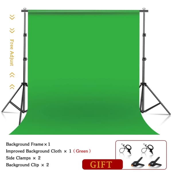 Backdrop Support System Kit, Justerbart Bakgrundsställ, Inkluderar Sidoklammer och Klämmor,Med grön tyg, 2 x 2 M