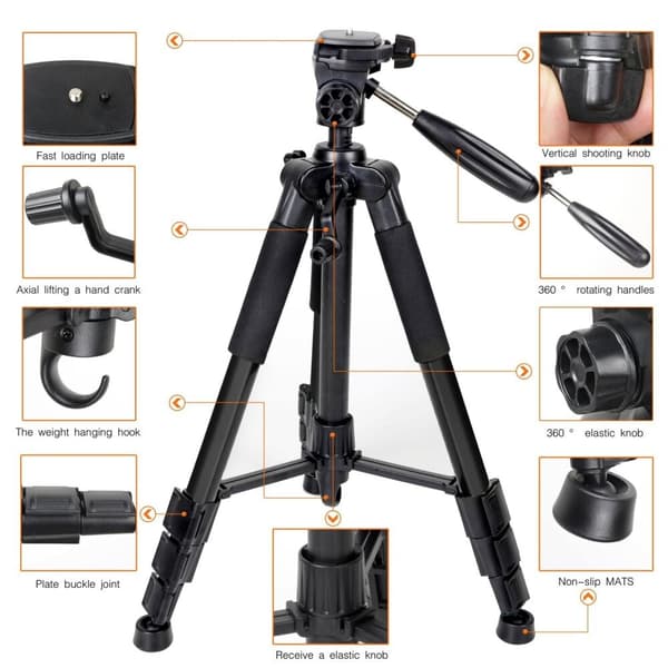 ZOMEi Q111 Portable Aluminum Tripod Stand Kit for Live Broadcast Video Photography and Wildlife Photography Black