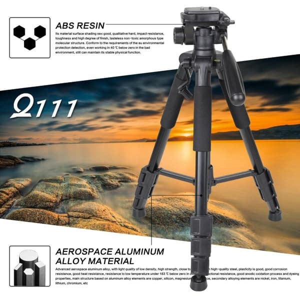 ZOMEi Q111 Portable Aluminum Tripod Stand Kit for Live Broadcast Video Photography and Wildlife Photography Black